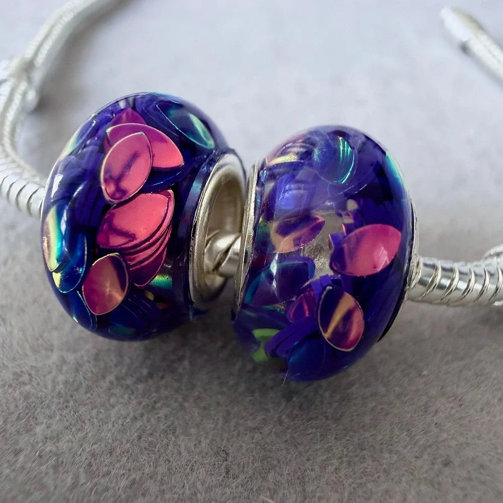 2 PCs Purple Iridescent Confetti Spacer Bead Charms fits PANDORA